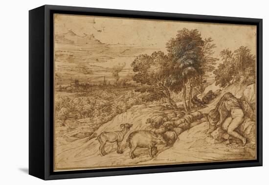 A Woody Landscape with a Nude Woman, Her Head Concealed by a Cloak-Titian (Tiziano Vecelli)-Framed Premier Image Canvas