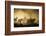 A wrangler herding horses through backlit dust cloud in golden light of sunrise-Sheila Haddad-Framed Photographic Print