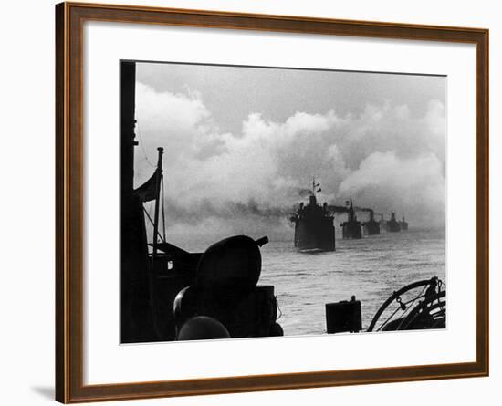 A WW2 Convoy of Steam Supply Ships Sailing Along the English Coast, 1942-null-Framed Photographic Print