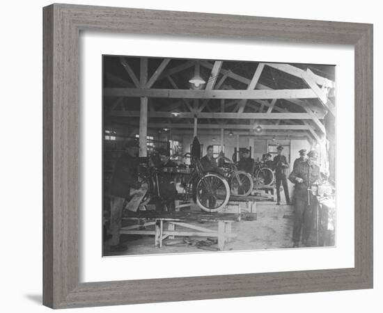 A WWI Motorcycle Repair Shop-English Photographer-Framed Photographic Print