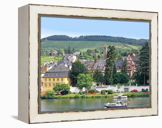 A Yacht Sails by the Town of Traben-Trarbach, Germany-Miva Stock-Framed Premier Image Canvas