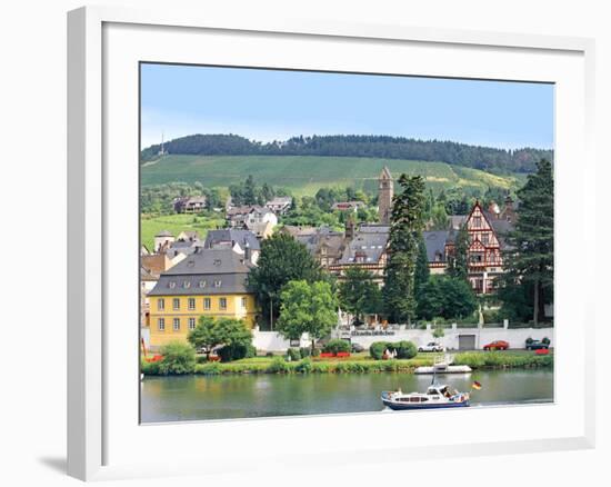 A Yacht Sails by the Town of Traben-Trarbach, Germany-Miva Stock-Framed Photographic Print