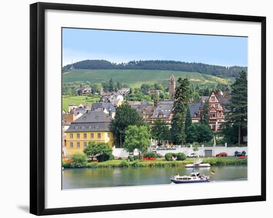 A Yacht Sails by the Town of Traben-Trarbach, Germany-Miva Stock-Framed Photographic Print