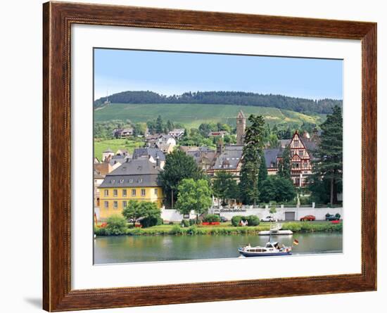 A Yacht Sails by the Town of Traben-Trarbach, Germany-Miva Stock-Framed Photographic Print