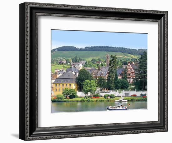 A Yacht Sails by the Town of Traben-Trarbach, Germany-Miva Stock-Framed Photographic Print