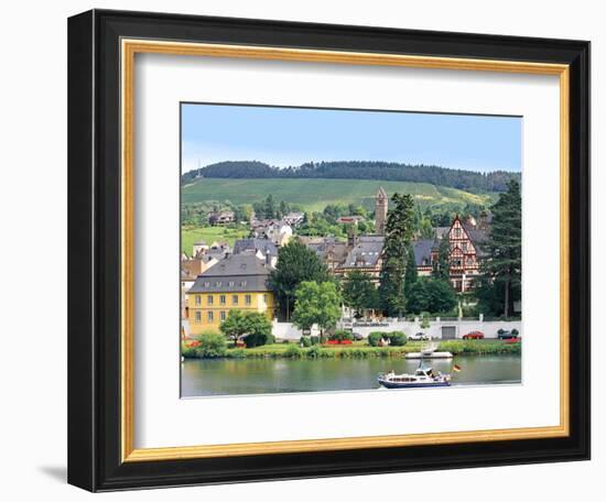 A Yacht Sails by the Town of Traben-Trarbach, Germany-Miva Stock-Framed Photographic Print