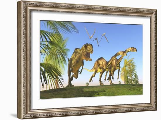 A Yangchuanosaurus Chasing Two Massospondylus Dinosaurs-null-Framed Premium Giclee Print