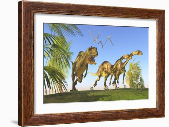 A Yangchuanosaurus Chasing Two Massospondylus Dinosaurs-null-Framed Premium Giclee Print