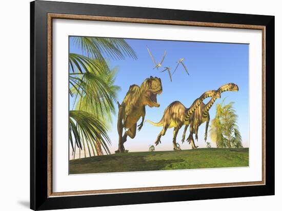 A Yangchuanosaurus Chasing Two Massospondylus Dinosaurs-null-Framed Premium Giclee Print