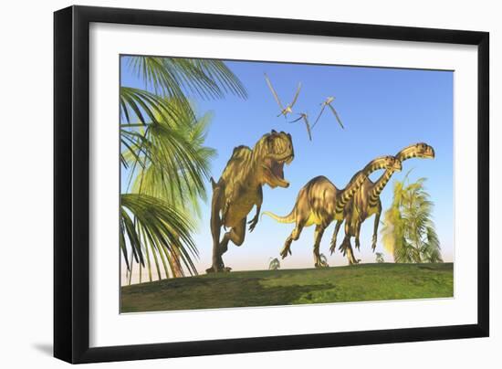 A Yangchuanosaurus Chasing Two Massospondylus Dinosaurs-null-Framed Premium Giclee Print