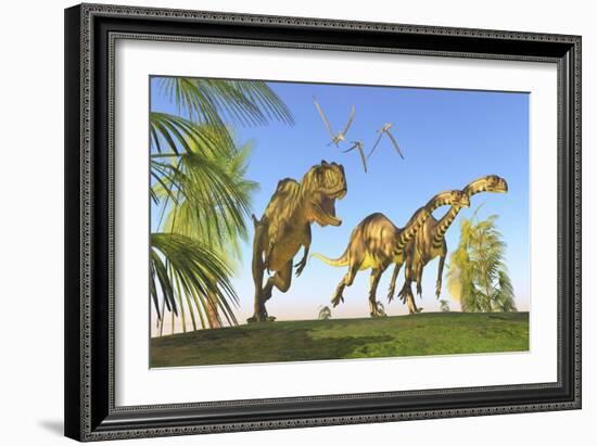 A Yangchuanosaurus Chasing Two Massospondylus Dinosaurs-null-Framed Premium Giclee Print