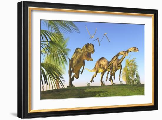 A Yangchuanosaurus Chasing Two Massospondylus Dinosaurs-null-Framed Premium Giclee Print