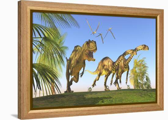 A Yangchuanosaurus Chasing Two Massospondylus Dinosaurs-null-Framed Stretched Canvas