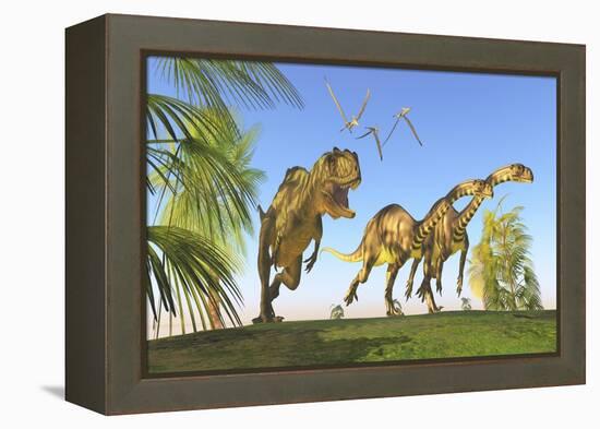 A Yangchuanosaurus Chasing Two Massospondylus Dinosaurs-null-Framed Stretched Canvas