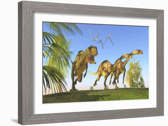 A Yangchuanosaurus Chasing Two Massospondylus Dinosaurs-null-Framed Art Print