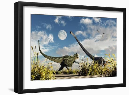 A Yangchuanosaurus Dinosaur Confronting an Omeisaurus-null-Framed Art Print