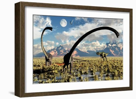 A Yangchuanosaurus Dinosaur Stalking an Omeisaurus-null-Framed Art Print