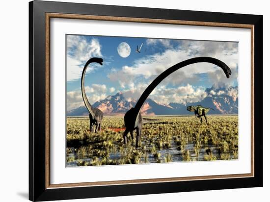 A Yangchuanosaurus Dinosaur Stalking an Omeisaurus-null-Framed Art Print