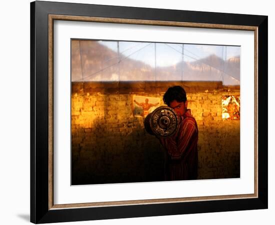 A Young Afghan Man Exercises with a Barbell in Kabul-null-Framed Photographic Print