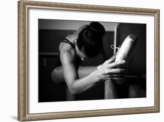 A Young Ballerina Practicing in the Hall, Black and White-momente-Framed Photographic Print