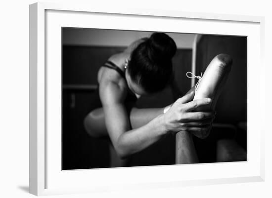 A Young Ballerina Practicing in the Hall, Black and White-momente-Framed Photographic Print