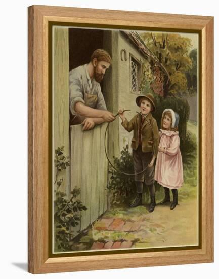 A Young Boy and Young Girl Giving a Broken Hoop to a Blacksmith for Repair-null-Framed Premier Image Canvas