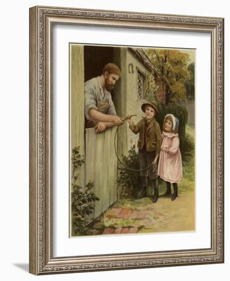 A Young Boy and Young Girl Giving a Broken Hoop to a Blacksmith for Repair-null-Framed Giclee Print