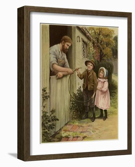 A Young Boy and Young Girl Giving a Broken Hoop to a Blacksmith for Repair-null-Framed Giclee Print