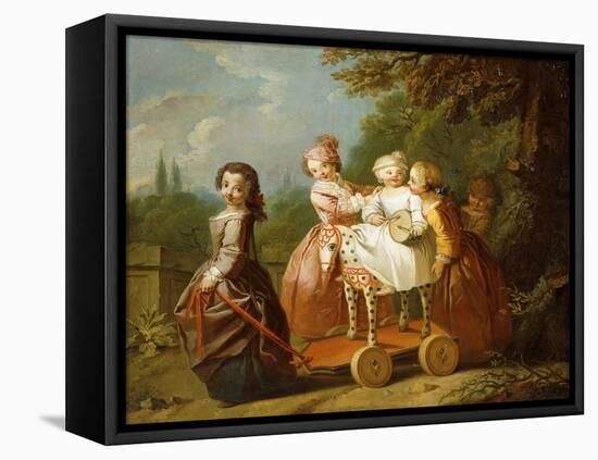 A Young Boy on a Hobbyhorse, with Other Children Playing in a Garden-Philippe Mercier-Framed Premier Image Canvas