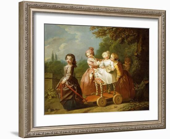 A Young Boy on a Hobbyhorse, with Other Children Playing in a Garden-Philippe Mercier-Framed Giclee Print