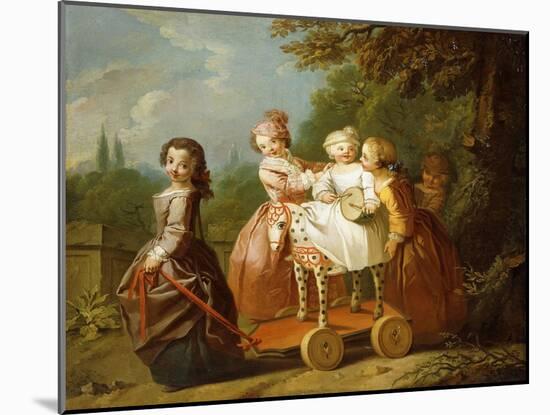 A Young Boy on a Hobbyhorse, with Other Children Playing in a Garden-Philippe Mercier-Mounted Giclee Print