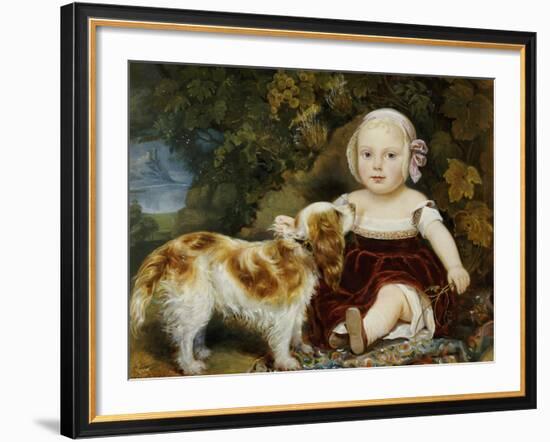 A Young Child with a Brown and White Spaniel by a Leafy Bank, 19th Century-Amila Guillot-saguez-Framed Giclee Print