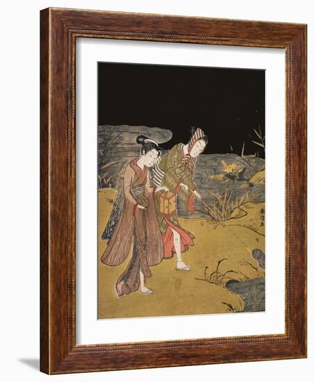 A Young Couple Catching Fireflies at Night on the Banks of a River-Suzuki Harunobu-Framed Giclee Print