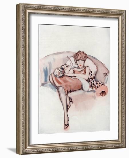 A Young Flapper Woman Reclining on a Snow Leopard Pelt-Dorothy Morgan-Framed Art Print