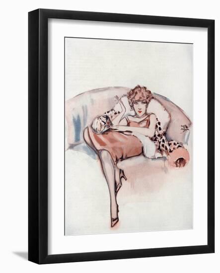A Young Flapper Woman Reclining on a Snow Leopard Pelt-Dorothy Morgan-Framed Art Print