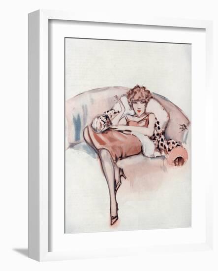 A Young Flapper Woman Reclining on a Snow Leopard Pelt-Dorothy Morgan-Framed Art Print