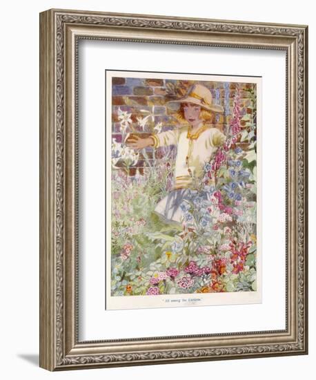 A Young Girl Among a Mass of Flowers Growing in a Garden-null-Framed Art Print