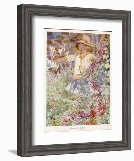 A Young Girl Among a Mass of Flowers Growing in a Garden-null-Framed Art Print