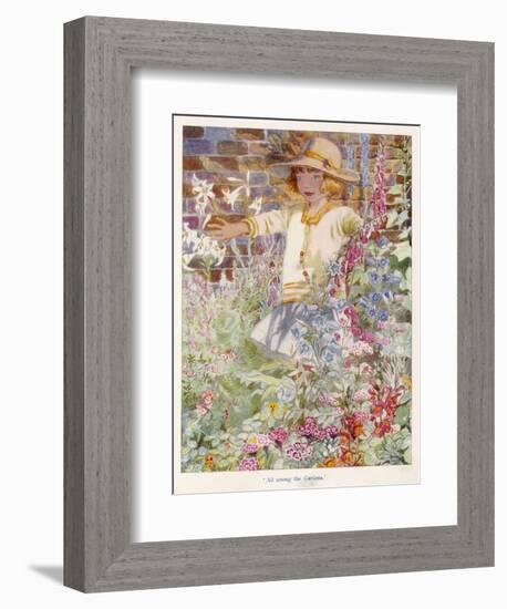 A Young Girl Among a Mass of Flowers Growing in a Garden-null-Framed Art Print