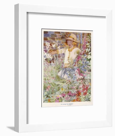 A Young Girl Among a Mass of Flowers Growing in a Garden-null-Framed Art Print