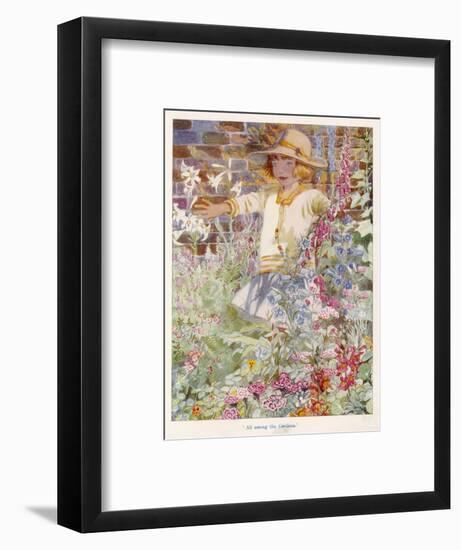 A Young Girl Among a Mass of Flowers Growing in a Garden-null-Framed Art Print
