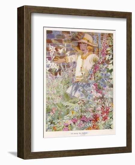 A Young Girl Among a Mass of Flowers Growing in a Garden-null-Framed Art Print