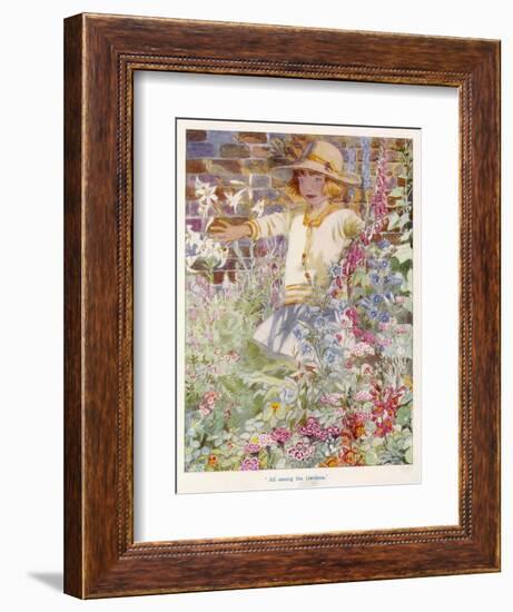 A Young Girl Among a Mass of Flowers Growing in a Garden-null-Framed Art Print