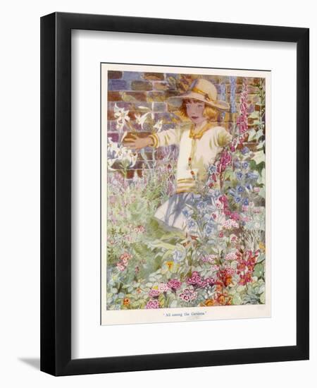 A Young Girl Among a Mass of Flowers Growing in a Garden-null-Framed Art Print