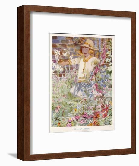 A Young Girl Among a Mass of Flowers Growing in a Garden-null-Framed Art Print