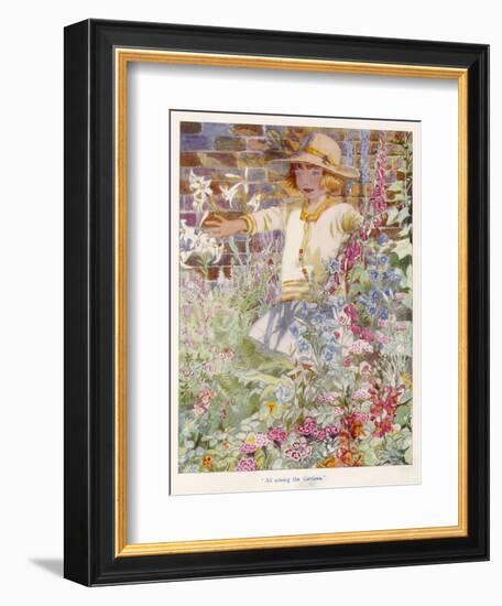 A Young Girl Among a Mass of Flowers Growing in a Garden-null-Framed Art Print