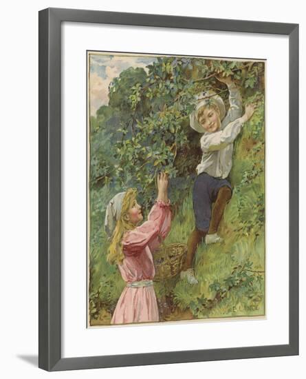 A Young Girl and a Young Boy Picking Blackberries-Eveline Lance-Framed Giclee Print