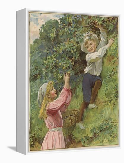 A Young Girl and a Young Boy Picking Blackberries-Eveline Lance-Framed Premier Image Canvas