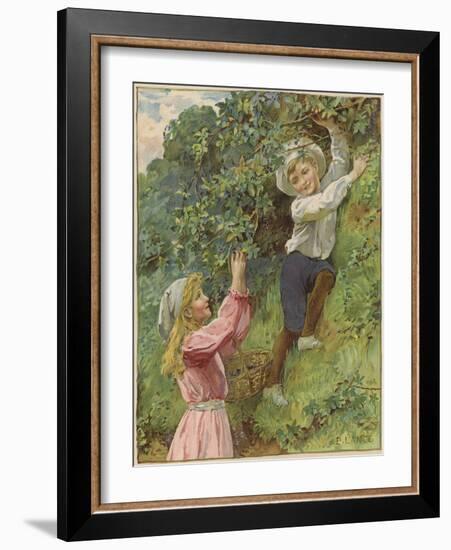 A Young Girl and a Young Boy Picking Blackberries-Eveline Lance-Framed Giclee Print