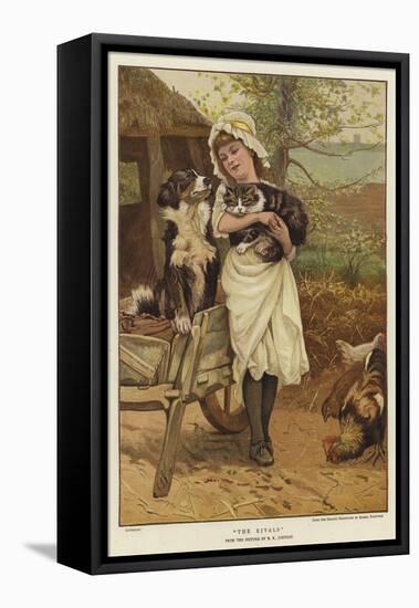 A Young Girl Holding a Cat in Her Arms Alongside a Dog-Edward Killingworth Johnson-Framed Premier Image Canvas